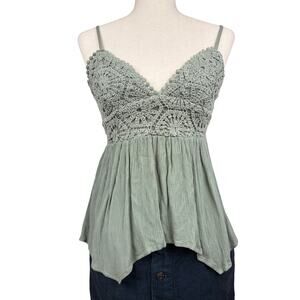 Almost Famous Sage Green Smocked Babydoll Tank Boho Cami M